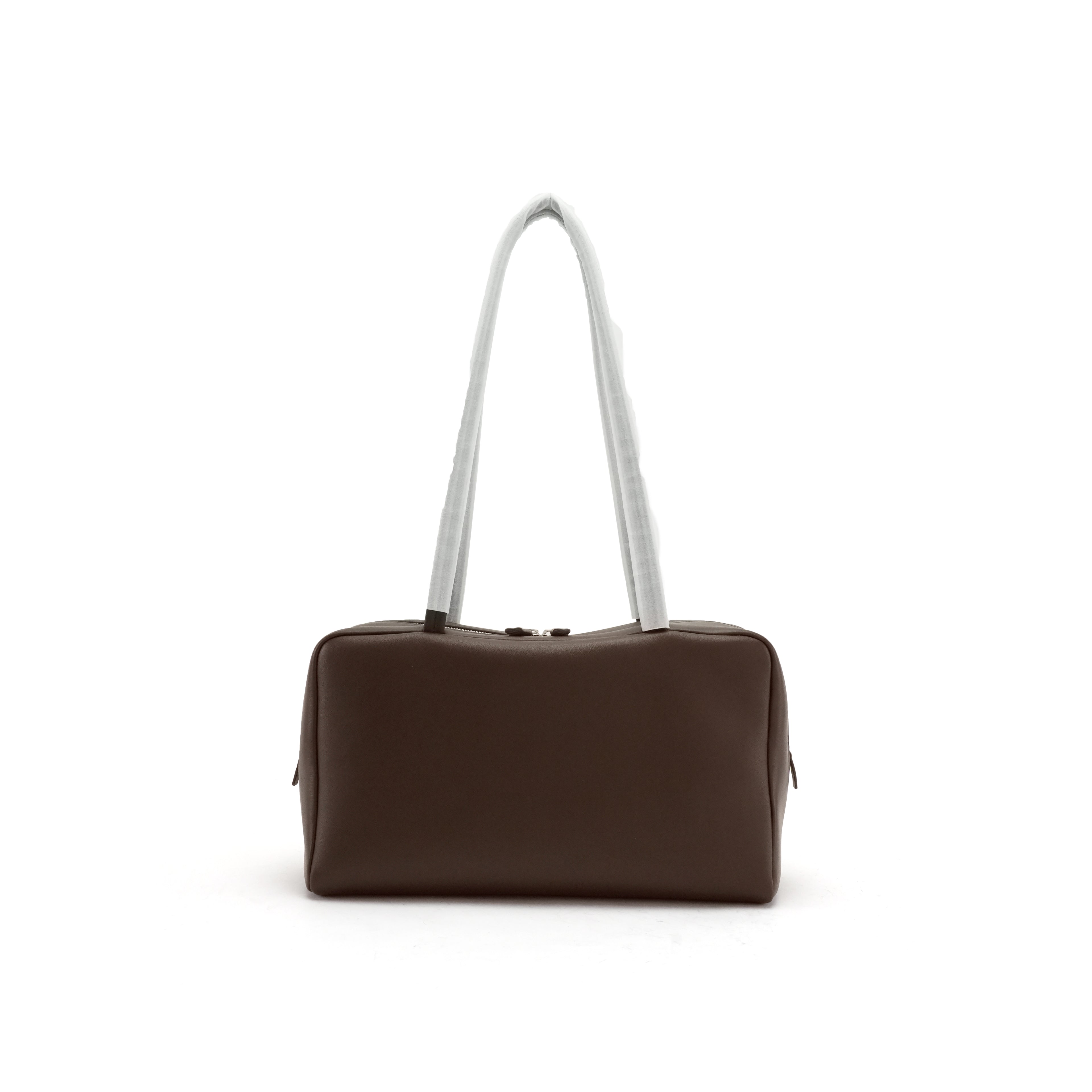 Brown east-west leather bowling tote front view for OEM development
