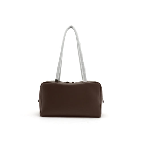 Brown east-west leather bowling tote front view for OEM development