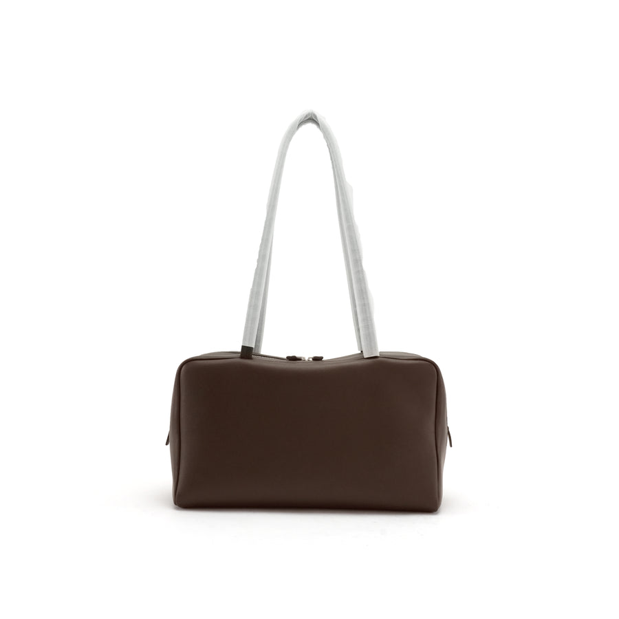 Brown east-west leather bowling tote front view for OEM development OEM wholesale development reference