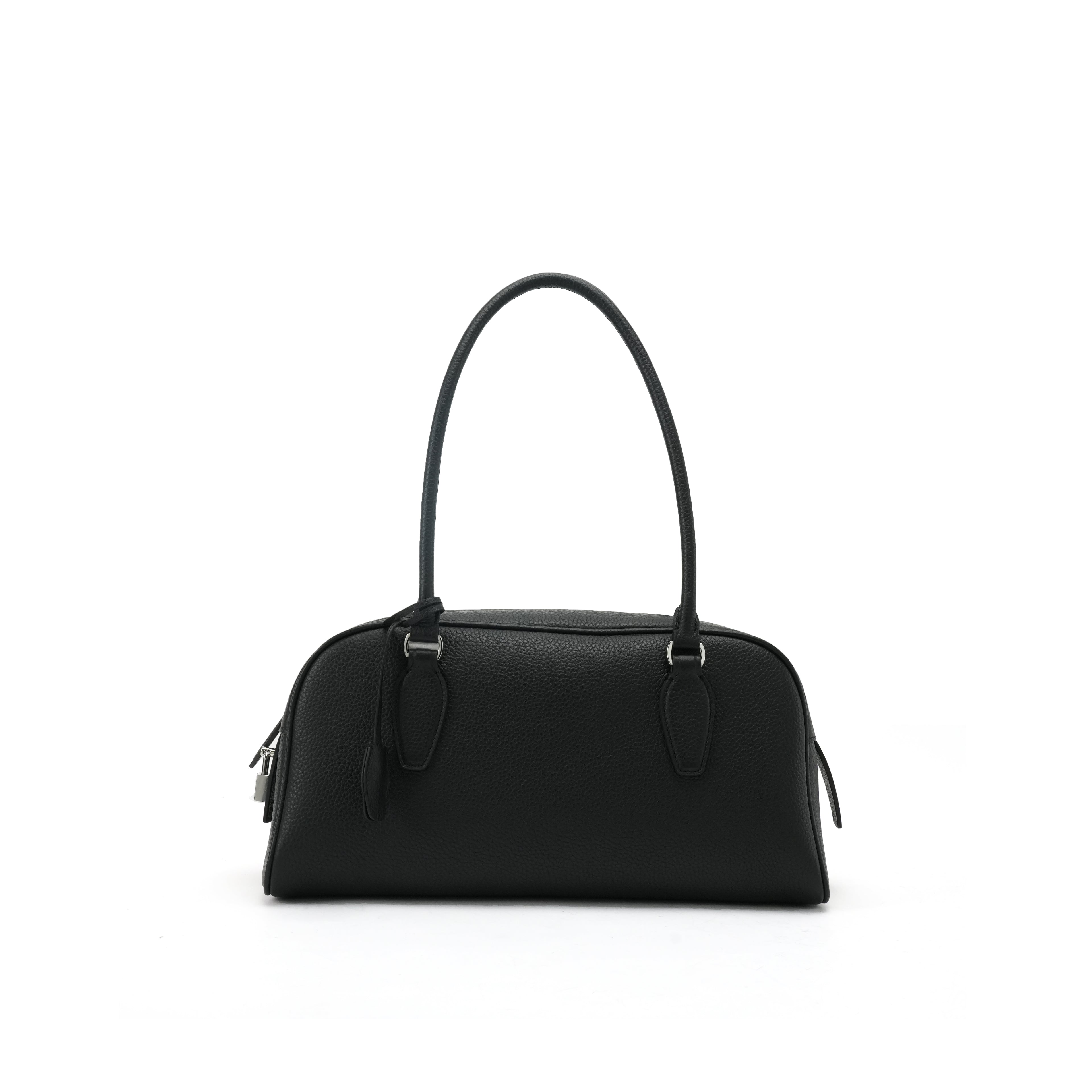 Black pebbled leather Boston shoulder bag front view for OEM buyers