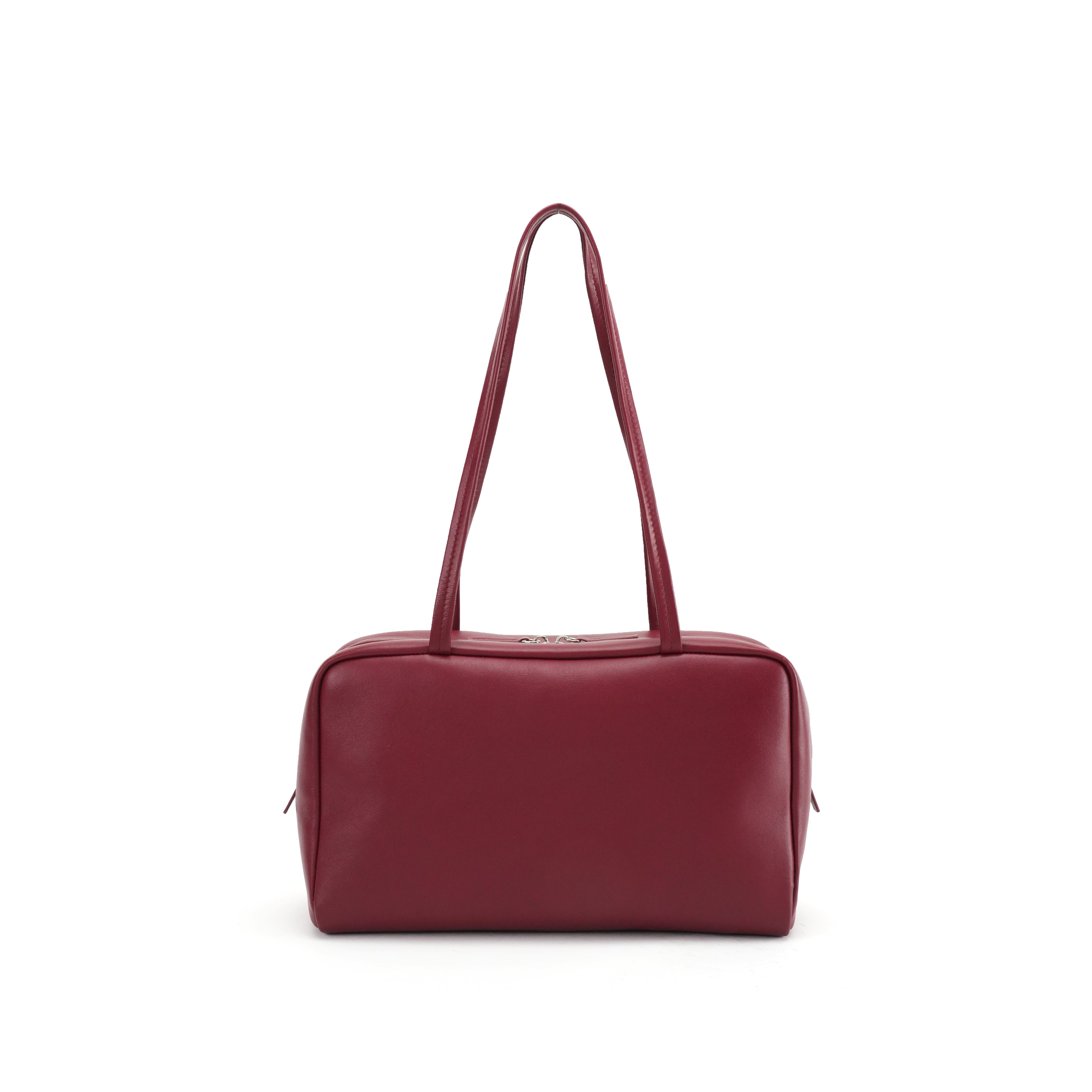 Burgundy east-west bowling tote front view for private label sourcing