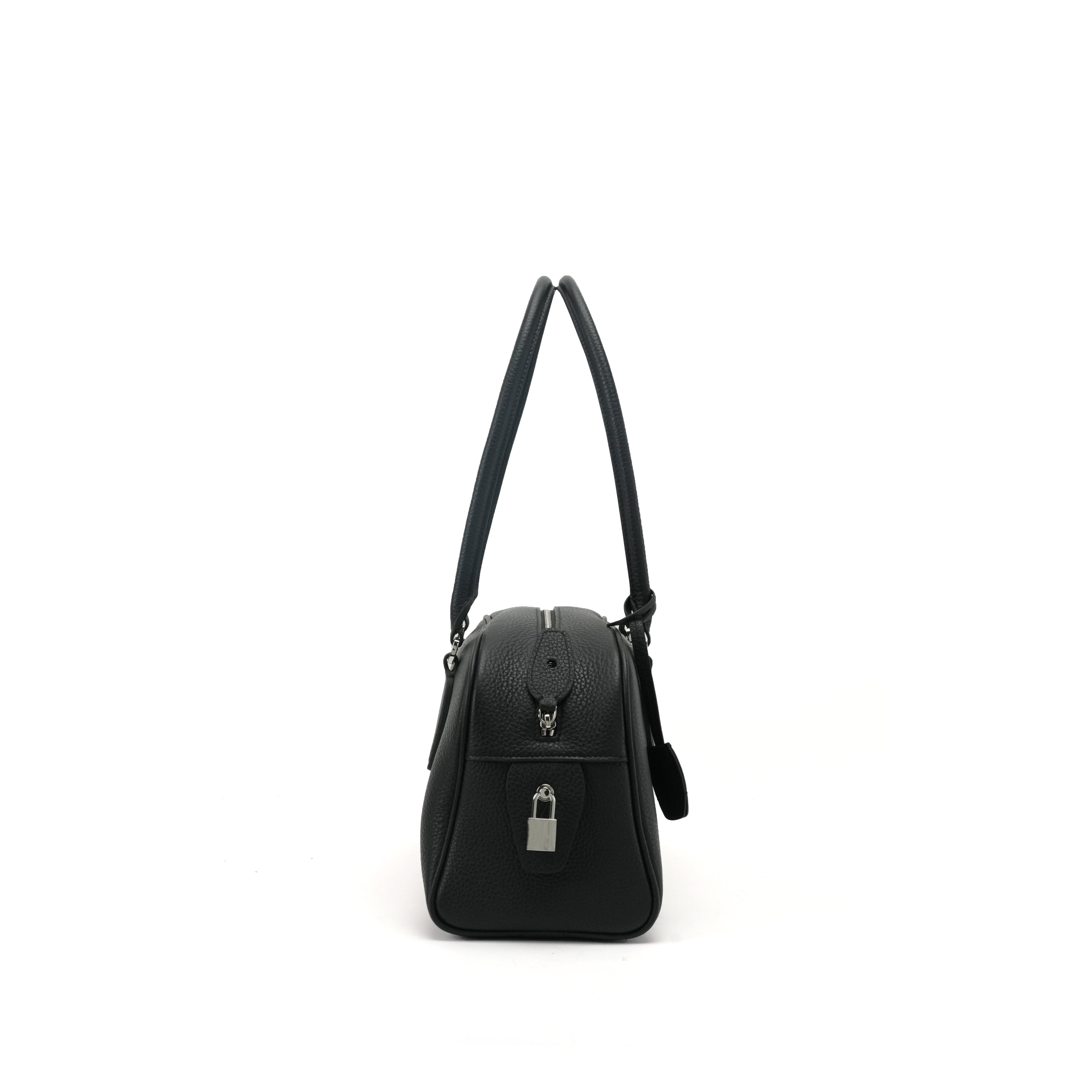 Black pebbled leather Boston shoulder bag side profile