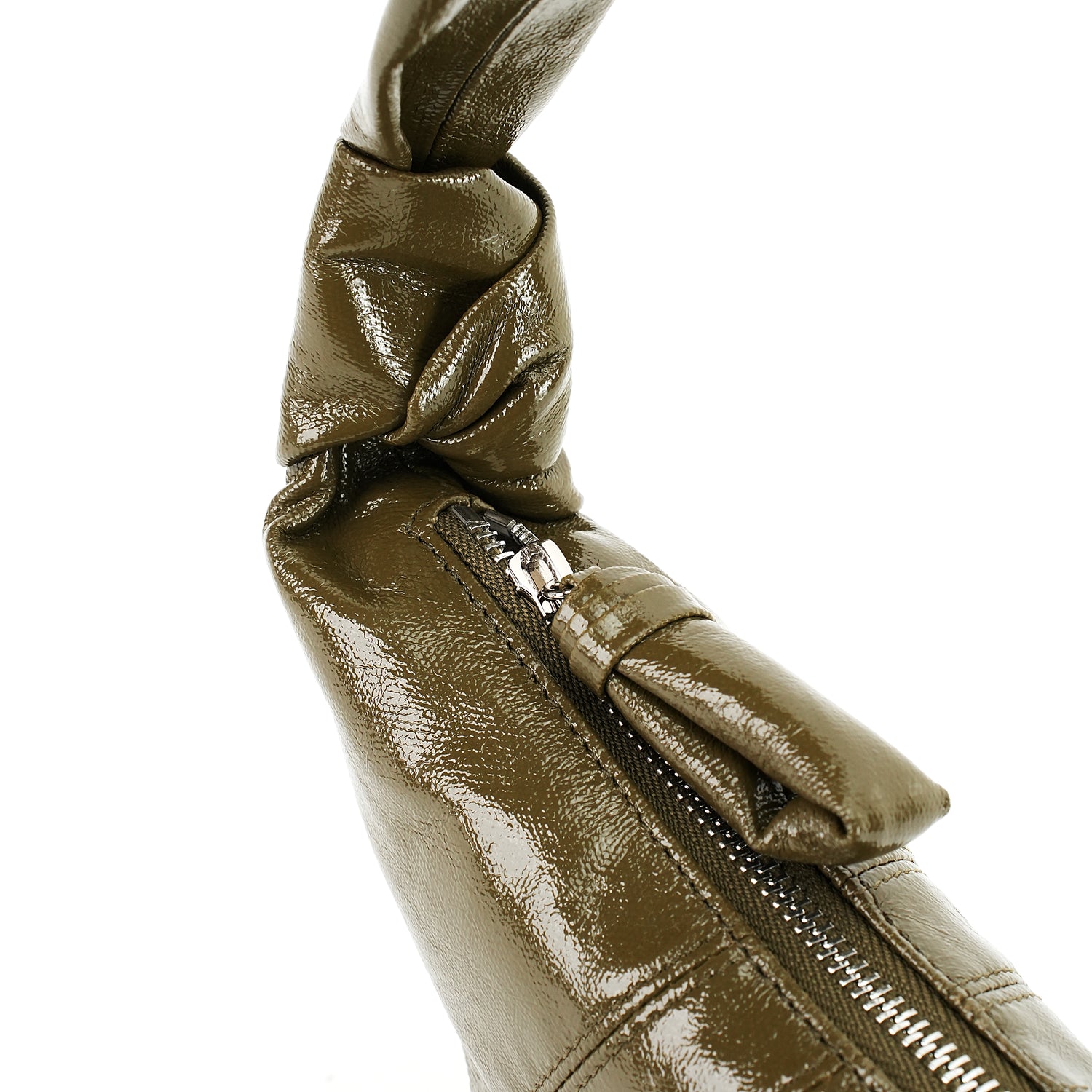 Olive ruched crescent bag zipper and strap knot detail OEM wholesale product detail
