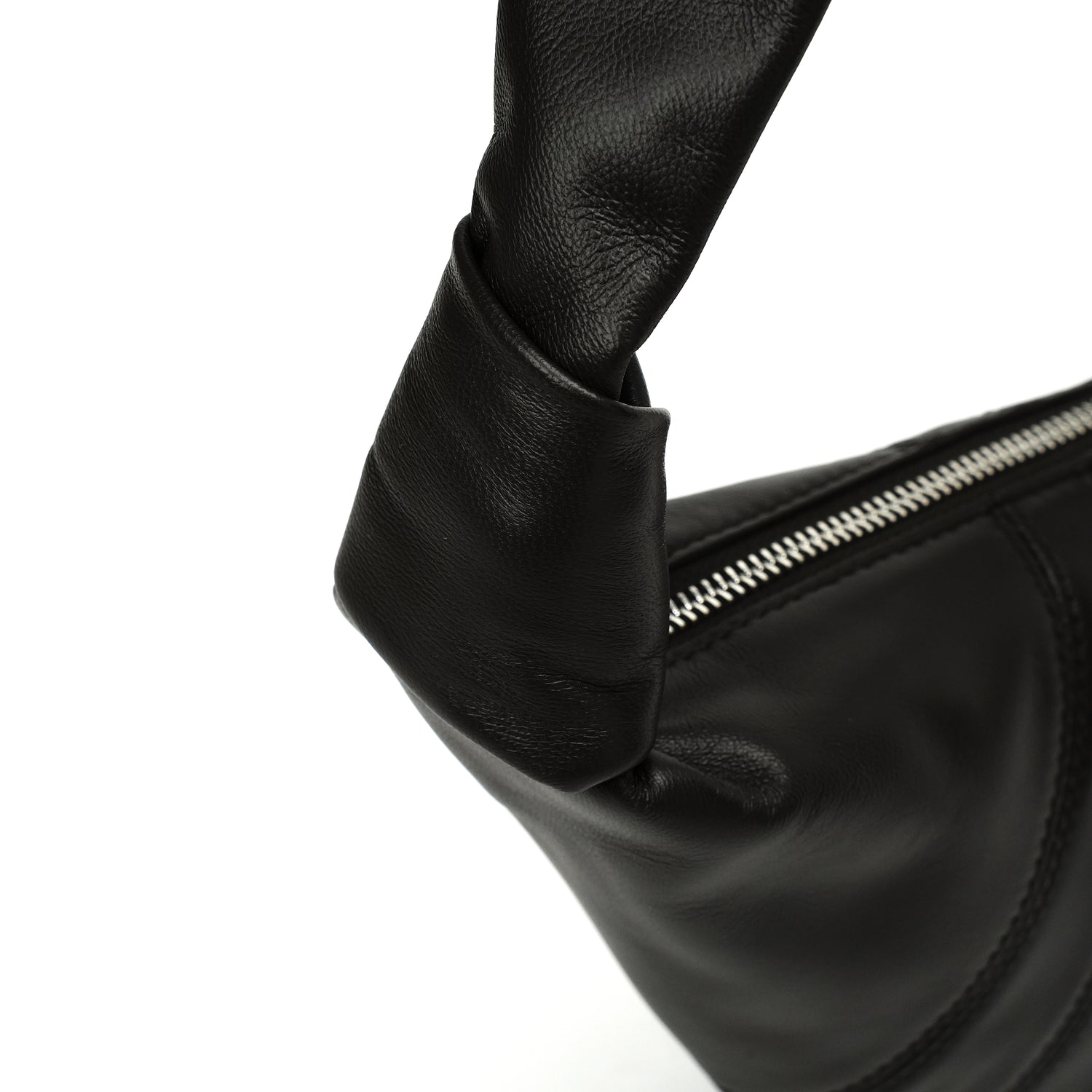 Black ruched crescent bag strap knot and zipper construction detail OEM wholesale product detail