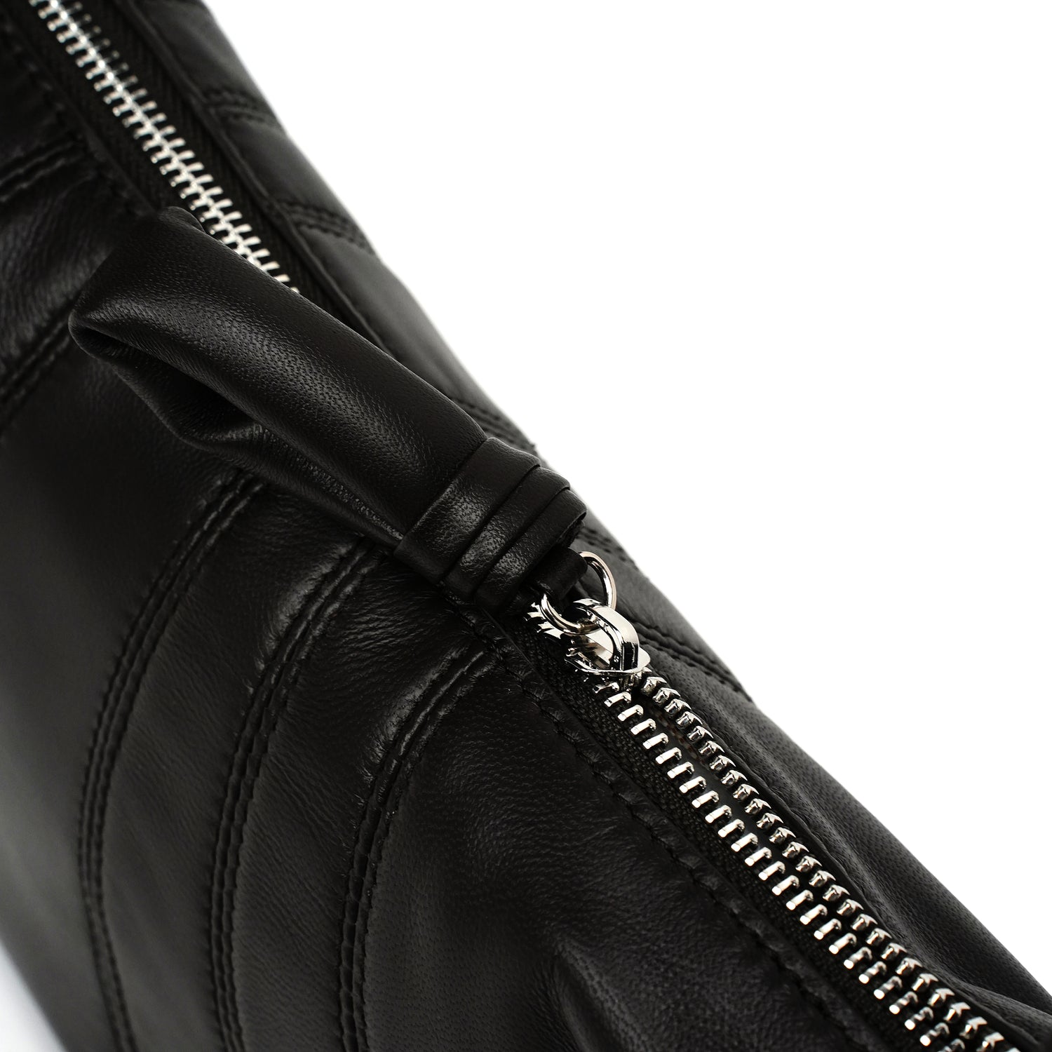 Black ruched crescent bag zipper and gathered leather detail OEM wholesale product detail