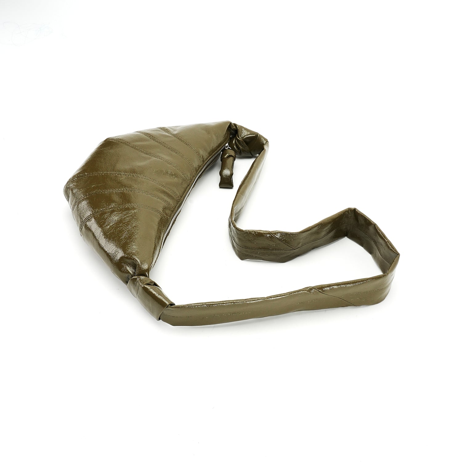 Olive ruched crescent shoulder bag full strap and body view OEM wholesale product detail