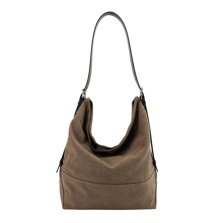 Taupe washed canvas hobo bag with leather shoulder strap front view OEM wholesale development reference